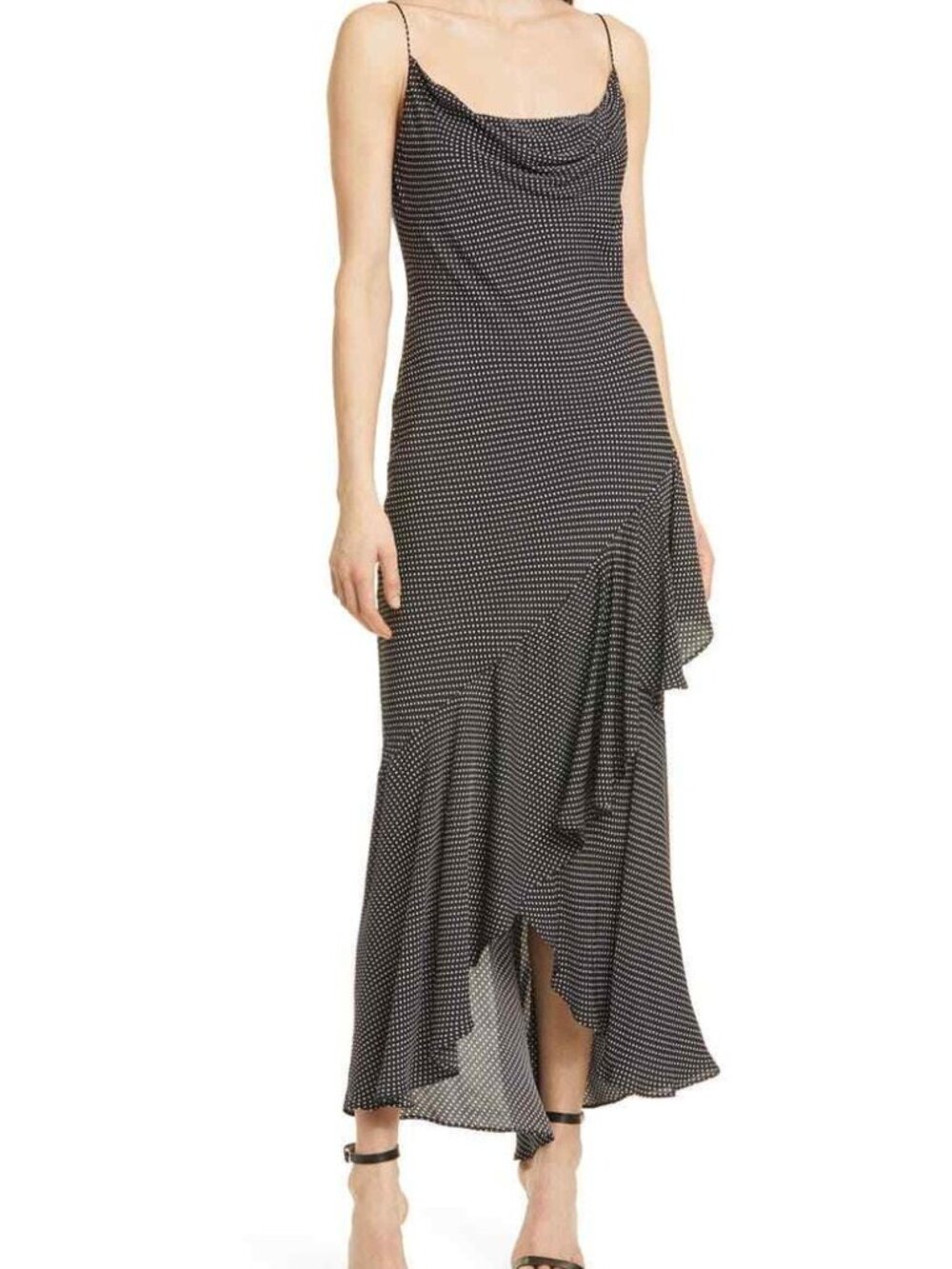 NWT ALICE + OLIVIA Asymmetrical Polka Dot Midi Slip Dress - 8 - Ruffles, Black